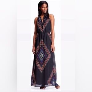 Black Geometric Maxi V-neck Dress - S